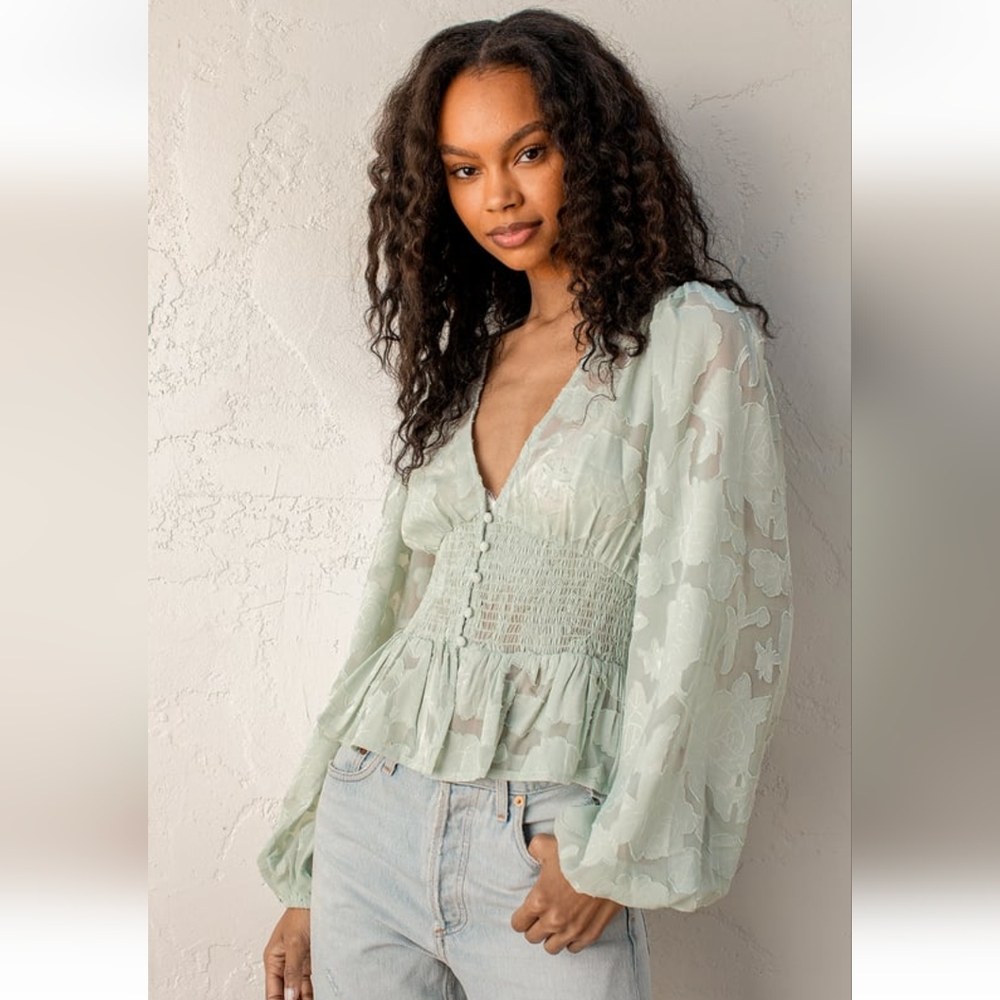 Lulu's Patio Date Light Green Floral Jacquard Button-Up Long Sleeve Top XS